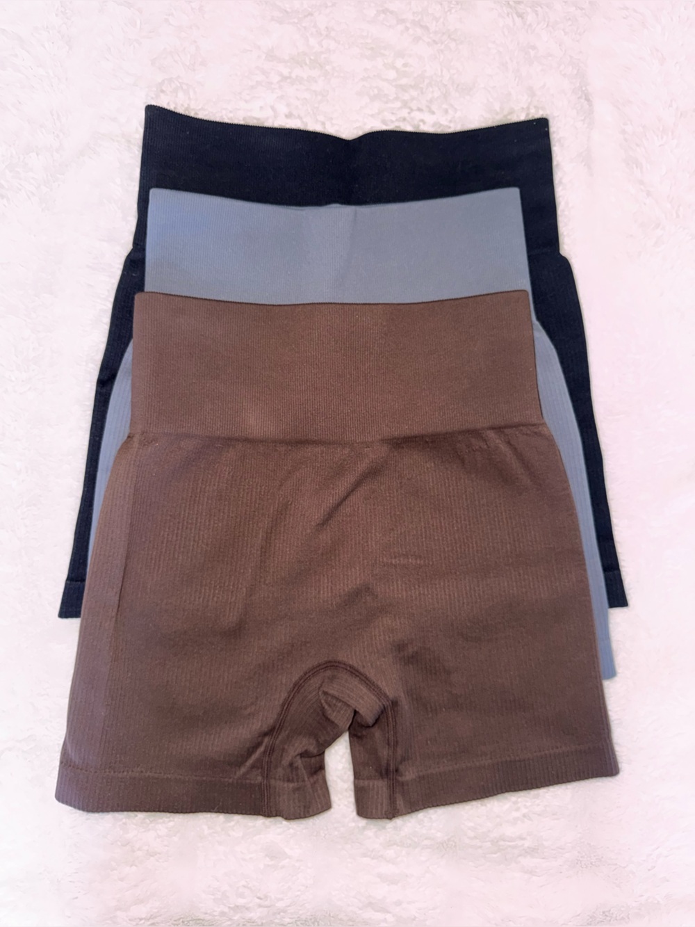 OQQ Women's 3-Pack Ribbed High-Waisted Shorts - Brown, Grey, Black, Size Small